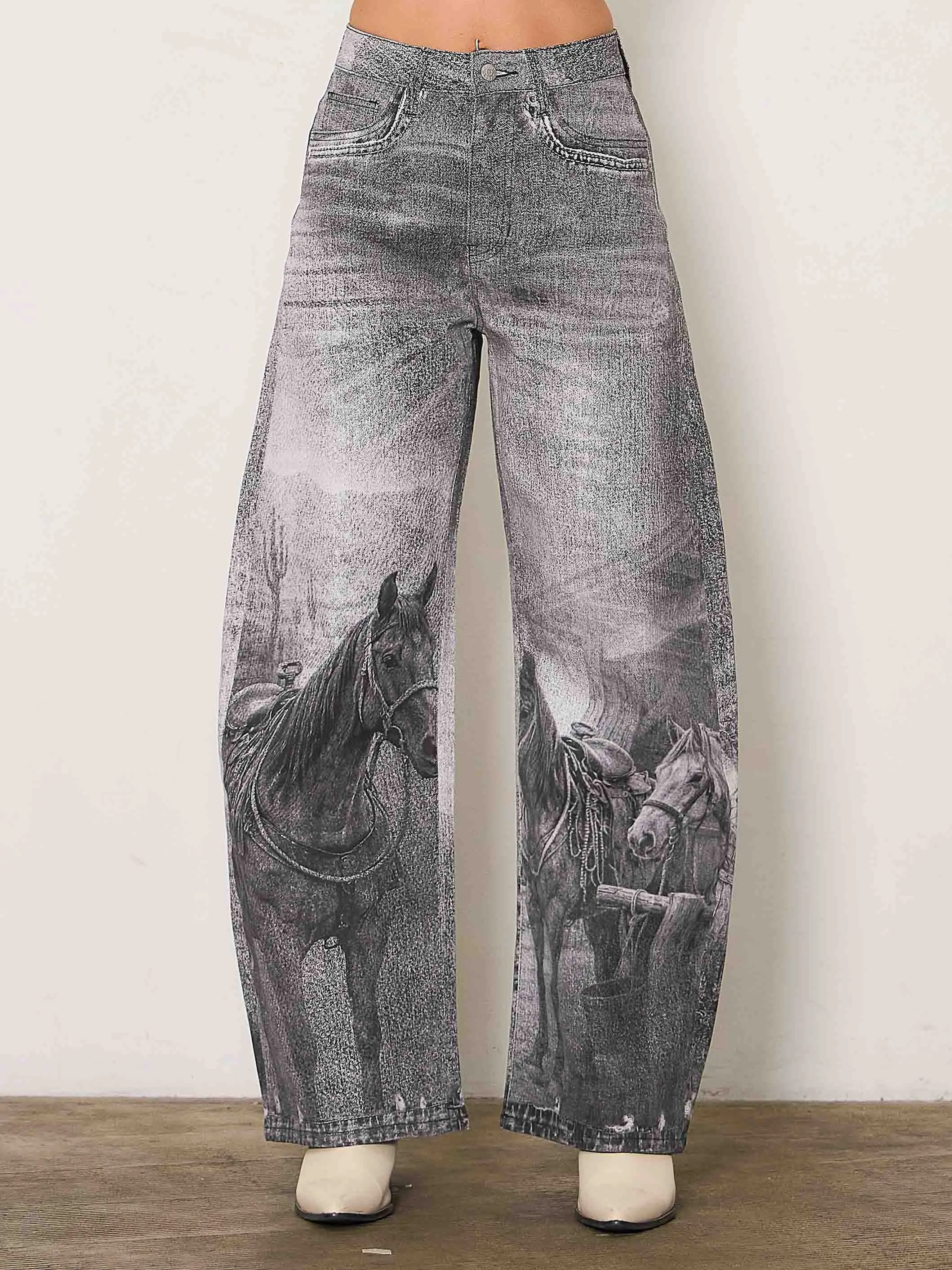 [XPT886] Western Black Horse Digital Printed Baggy Jeans