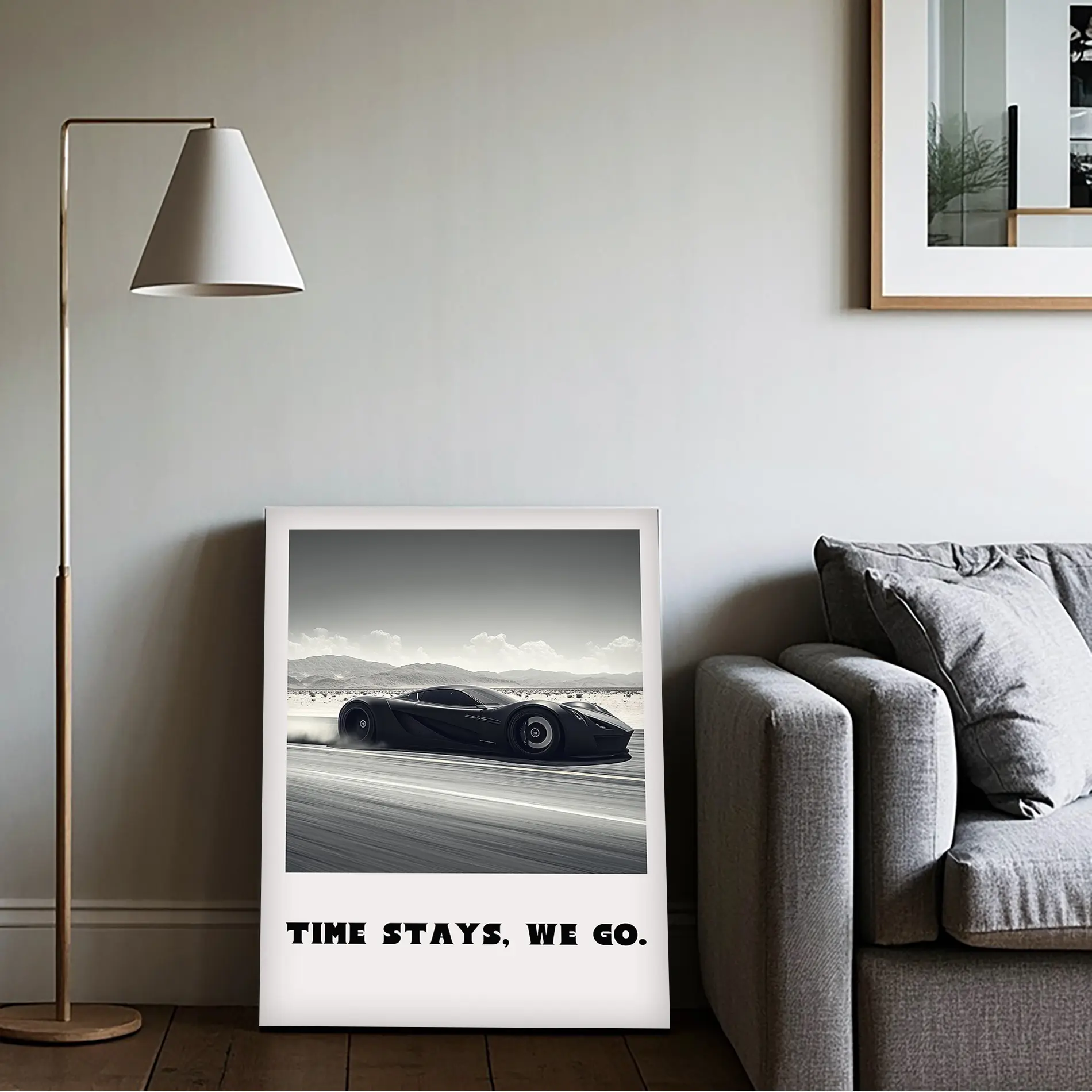 Desert Speed Canvas Wall Art - Racing Car & 'TIME STAYS, WE GO' Motivational Quote for Man Cave Office Decor (Framed Ready-to-Hang Road Trip Painting) Room Poster