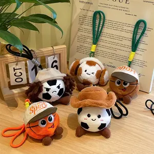 Cute Sports Ball Plush Keychain Set, Soft Soccer Basketball Baseball Stuffed Doll Bag Charms with Hat, Adorable Fluffy Sport Themed Key Ring Pendant for Backpack, Purse & Car Keys, Perfect Gift for Sports Fans