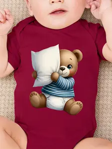 Baby girl newborn cute short sleeved crawling suit Baby Girl Clothes Baby Clothing "Pillow Bear Baby" cartoon print, suitable for both male and female babies, perfect pregnancy gift, baby triangle jumpsuit