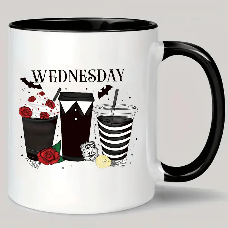 1pc, 11oz, Wednesday Themed Ceramic Mug - Durable, Reusable, Hand Wash Only, Multipurpose Coffee Cup - Ideal for Home & Office Use Best Gift for Mather's Day/ Christmas/ Halloween/ Thanksgiving Birthday/ Valentine's Day gift/ Holiday, Reuse, Drink
