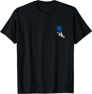 100% Cotton skeleton hand holding a blue rose T-Shirt