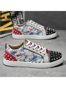 Fashion Colorful Graffiti Men's Shoes, Trendy Rivet Casual Sneakers, Unique Style Board Shoes for Men, Trainer