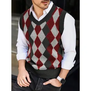 Men’s casual colorblock argyle sweater vest for autumn/winter, sleeveless V-neck regular fit, multicolor polyester stretch knitwear top; suitable as an outdoor tank top or warm sleeveless jacket.
