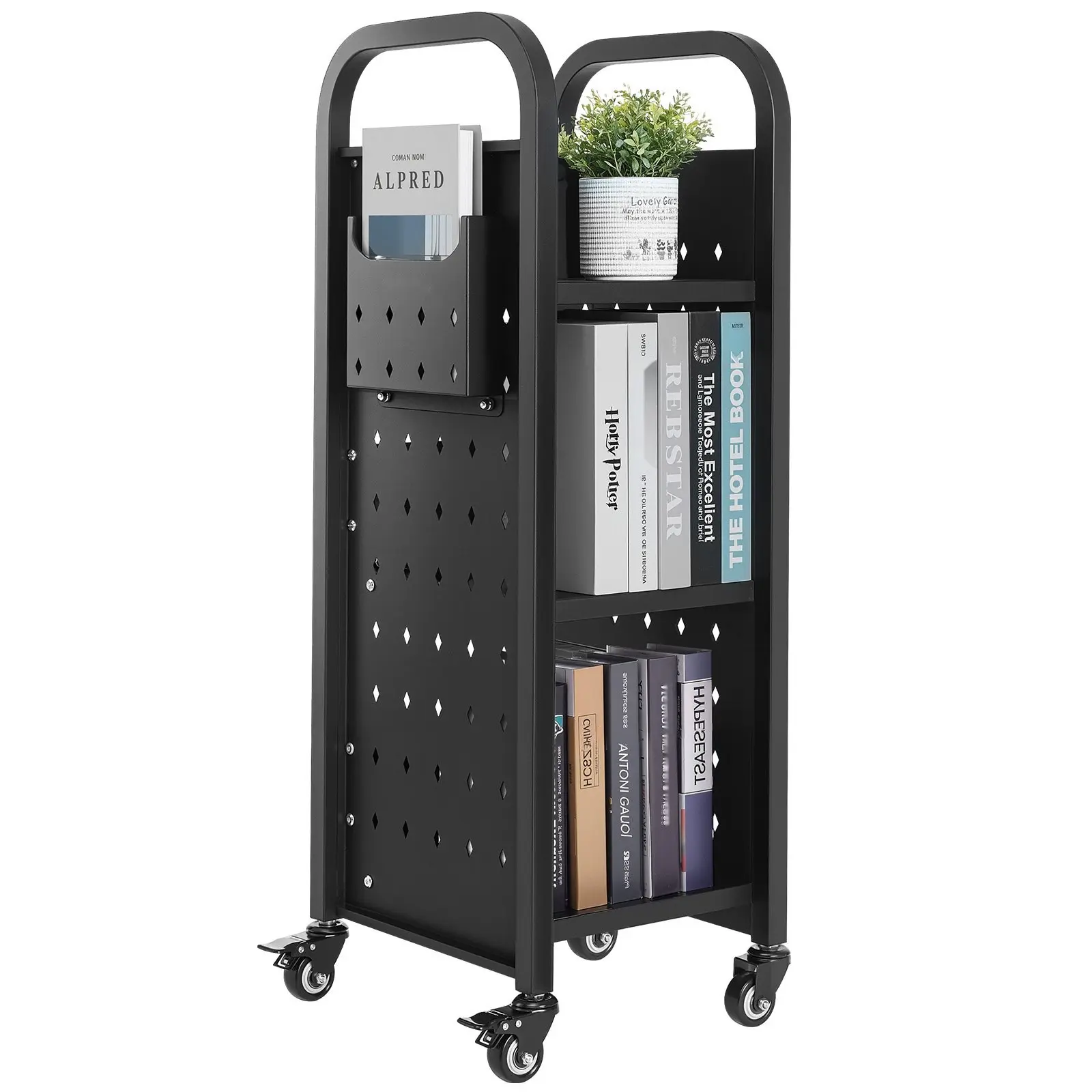 3-Tier Rolling Book Cart With Swivel Wheels, Single-Sided L-Shaped Shelves, Black Finish, Mobile Library Office Cart For Books, Magazines, Files, And Supplies, Easy-Glide Book Truck On Wheels