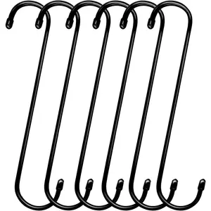 6 Pack 12 Inch Extra Large Black S Hooks, Heavy Duty Long Hanging Extension Hooks for Plants, Kitchenware, Utensils, Pergola, Closet, Flower Basket, Garden, Patio, Indoor Outdoor Organization