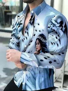 Men's Breathable Lapel Long Sleeve Shirt with Snow Leopard and Crowned Queen Print