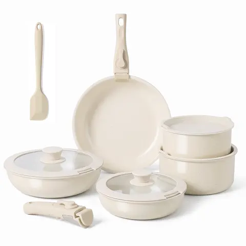 12-Piece Nonstick Pots and Pans Set, Non Toxic Granite Cookware Set with Detachable Removable Handles, Stackable Space Saving Kitchen Cookware, Induction Compatible, All Stovetops, Dishwasher Safe, Oven Safe, Beige
