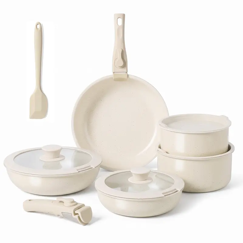12-Piece Nonstick Pots and Pans Set, Non Toxic Granite Cookware Set with Detachable Removable Handles, Stackable Space Saving Kitchen Cookware, Induction Compatible, All Stovetops, Dishwasher Safe, Oven Safe, Beige