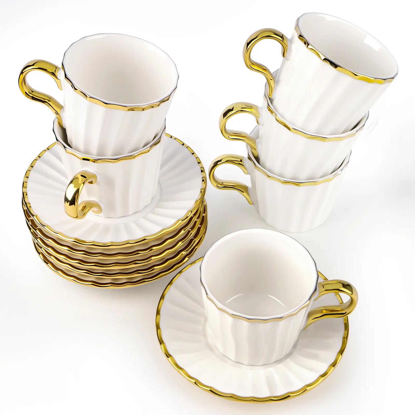 Cappuccino Cups with Saucers, 3.5 oz Stackable Ceramic Coffee Cup and Saucer with Gold Trim, Turkish Coffee Cups Set for Double Espresso, Tea Cups Set of 6