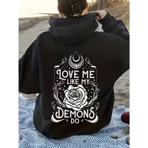 Women's Love Me Like My Demons Do Graphic Hoodie - Cotton Blend Black Long Sleeve Pullover Regular Fit | Soft & Breathable Fabric, Durable Print, Everyday Comfort, Machine Washable, gothic aesthetic beach sunset