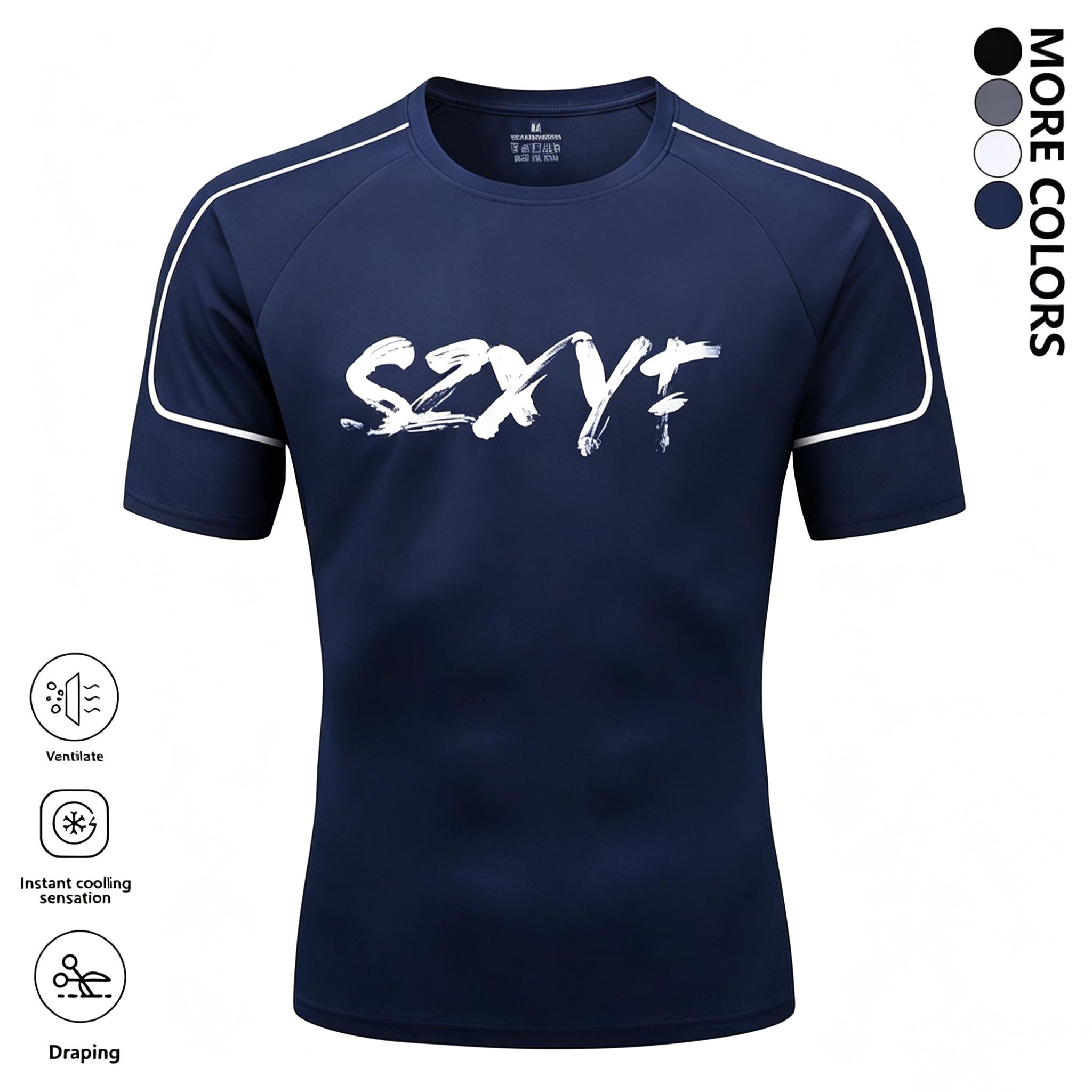 Multi-pack men’s solid-color crew-neck compression athletic T-shirts; quick-drying, breathable short-sleeve T-shirts suitable for running and fitness training; casual sports tops ideal for all seasons; sportswear featuring letter print design; loose, brea