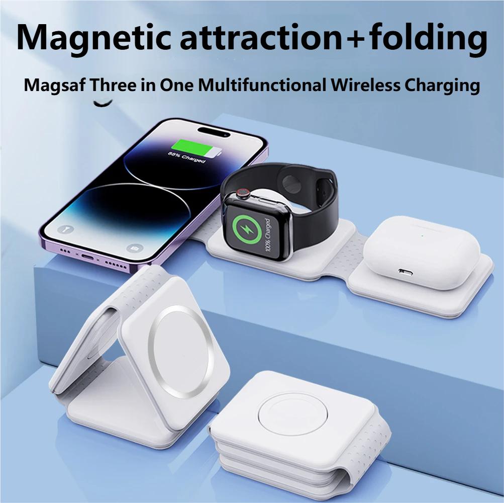 Charging Station for Apple Multiple Devices - 3 in 1 Foldable Magnetic Wireless Charger Dock - Travel Charging Pad for iPhone 16 15 14 13 12 Pro Max Plus Watch & Airpods