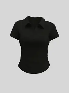 Summer Knitted Lightweight Polo Shirt Women | Collared Short Sleeve Slim Fit Casual Everyday | Hot Girl Aesthetic Tie Waist Commute Top