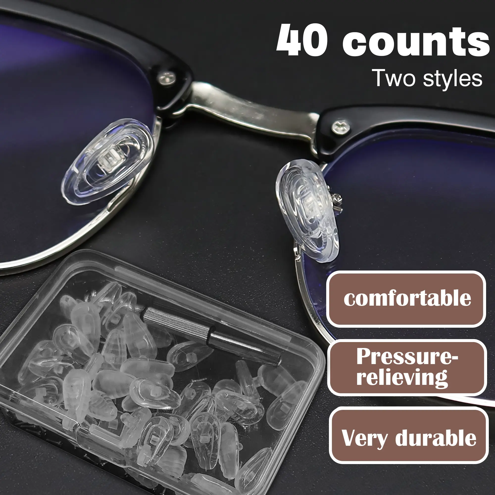 Replacement Frame Pads, 40 Pack Soft Air Chamber Design, Universal Snap-in/Push-in Fit with Anti-Slip Grip for Decorative & Plastic Glasses, Decorative Glasses, Eyeglasses Nose Pads, Universal Fit, Slip In, Pressure Relief, Comfortable, Full-Frame Glasses