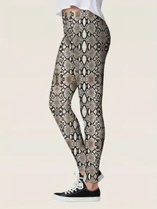 Snakeskin Print High-Waist Leggings – Comfy, Stretchy, Casual Skinny Fit for Women