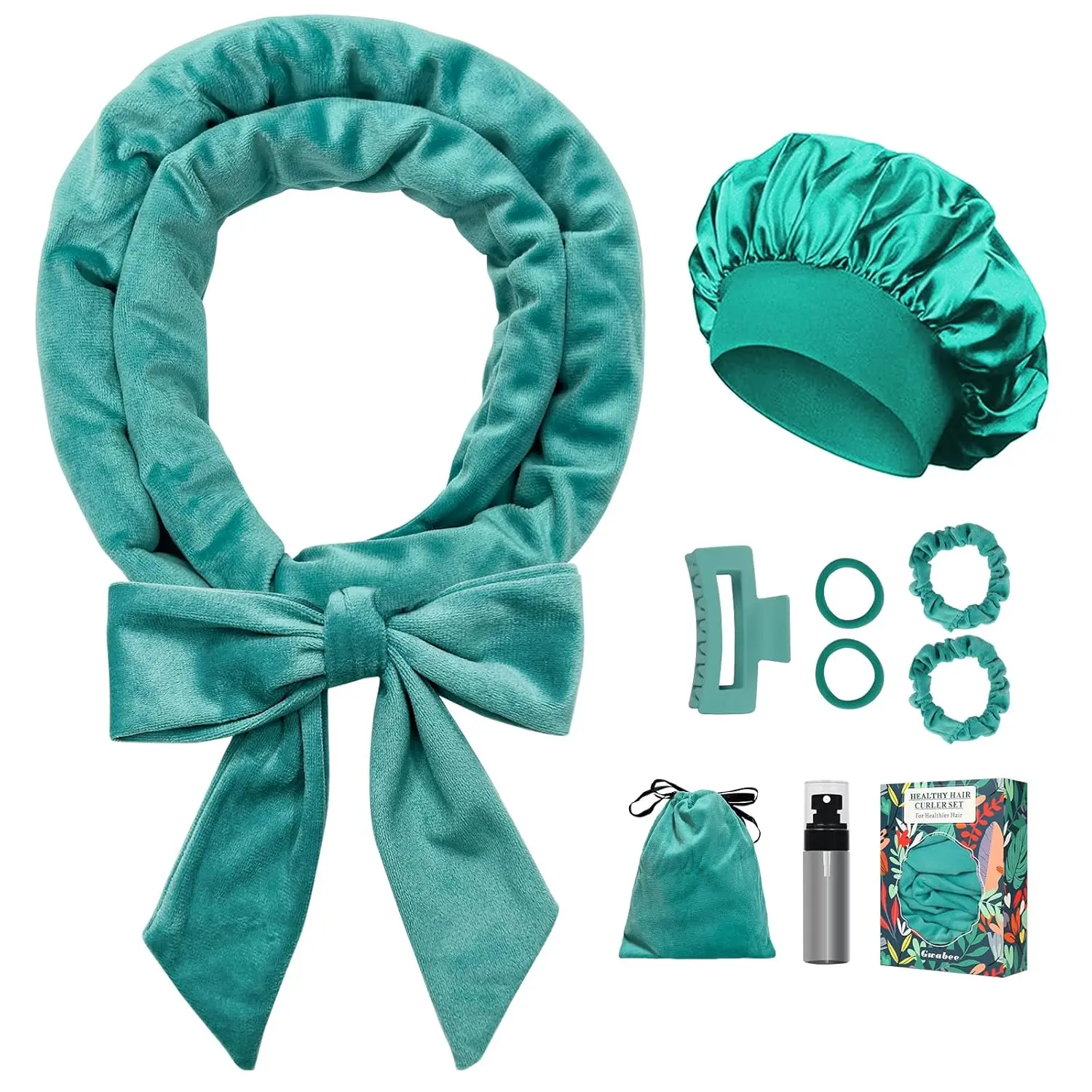 Overnight Curl Headband, 70" Soft Ribbon Wrap for Long Hair, 9 PCS Hair Curling Rods Set - Blue Green
