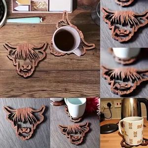 Wooden Pad with Highland Bull Head Design, Durable Wood Craft for Drinks and Decor, Ideal for Home, Bar, Kitchen Use, Coasters