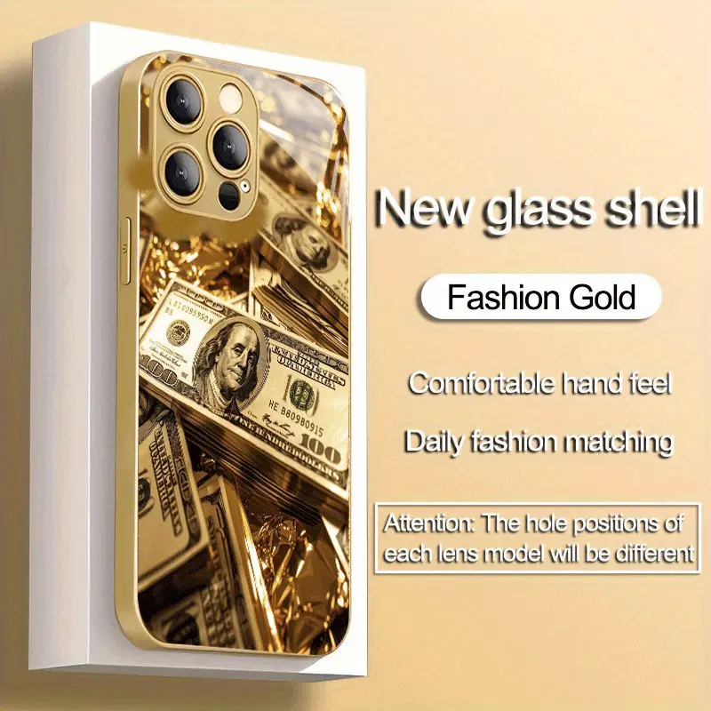High-End Light Luxury Fashion Elegant Gold Metal Paint Tempered Glass Phone Case with Lens Protection, Suitable for iPhone 16/15/14/13/12/11/XS/XR/X/Pro/Plus/Pro Max, Anti-Stain Design, Trendy Style, Supports Over 15 Models, Anti-Stain Protective Case, Da