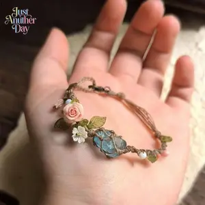 Bohemian Aquamarine Crystal Bracelet, Hand-Woven Fiber Cord Raw Stone Bracelet, Nature-Inspired Floral Charm Jewelry for Women & Gift