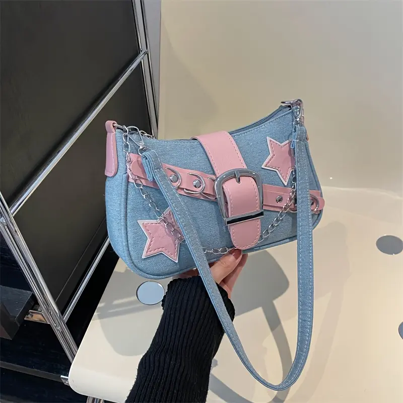 Y2K Star Crossbody Handbag - Denim Gym Bag with Star Applique, Metal Chain Detail, Adjustable Strap, Zipper Closure, Large Capacity for Students' School & Everyday Use, Everyday Bag