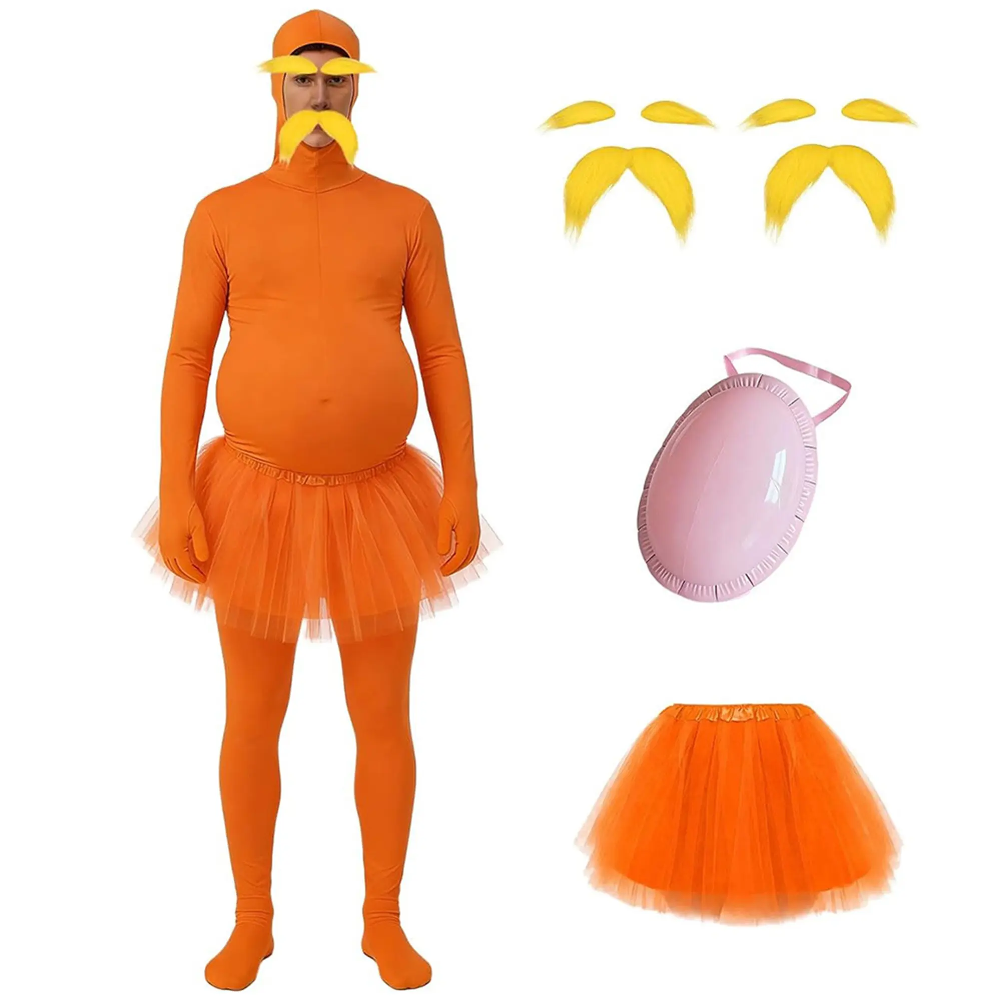 Orange Costume Jumpsuit Yellow Mustache and Eyebrows Funny Cosplay Costume for Men and Women