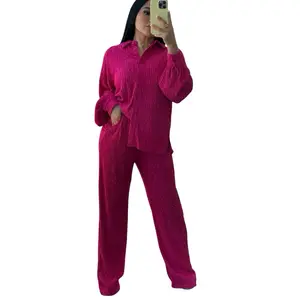 OVERSIZED - Heavenly Comfort Collection - Set 2 Pieces Pants & Button-Up Top in Polyester Spandex Blend for Everyday Wear