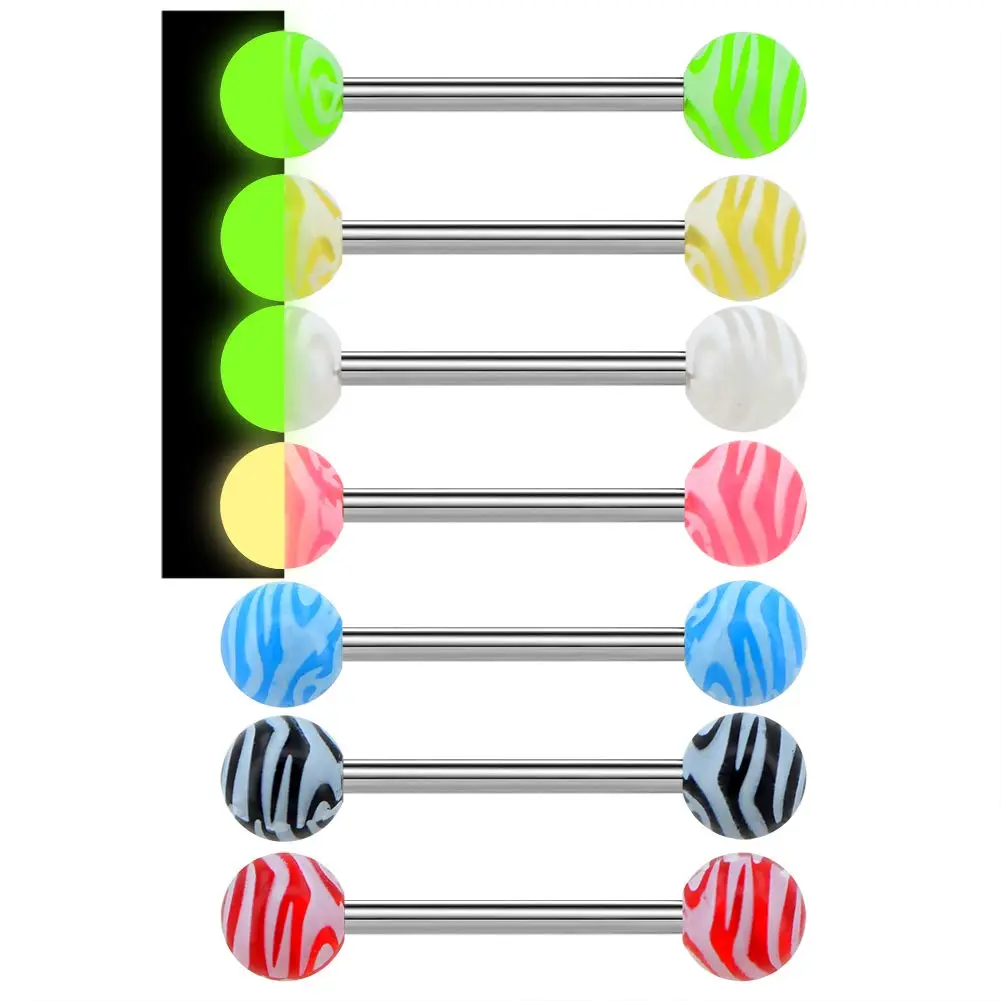 7pcs 14g 316l Stainless Steel Tongue Bars Candy Color Piercings Glow In The Dark Barbell