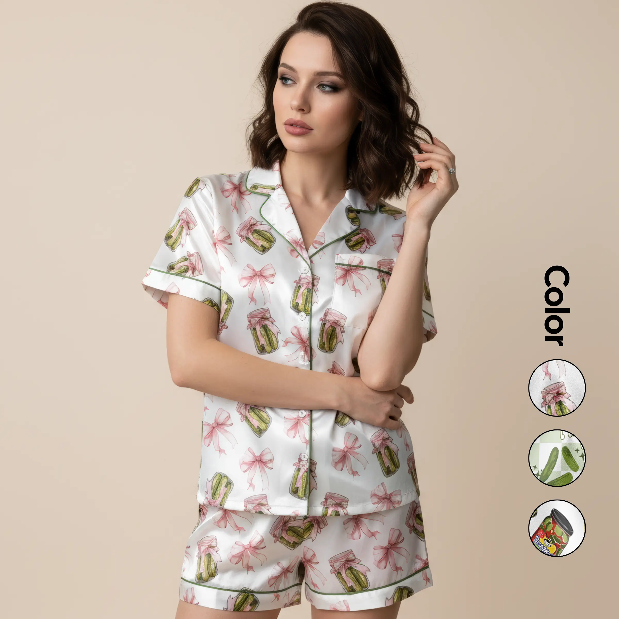 Vintage Canned Pickles Pajama Set Set Satin Silk - Soft And Alluring Nightwear, valentime Gift, Loungewear, Homewear, Ideal Gift for Mom, Gift for her