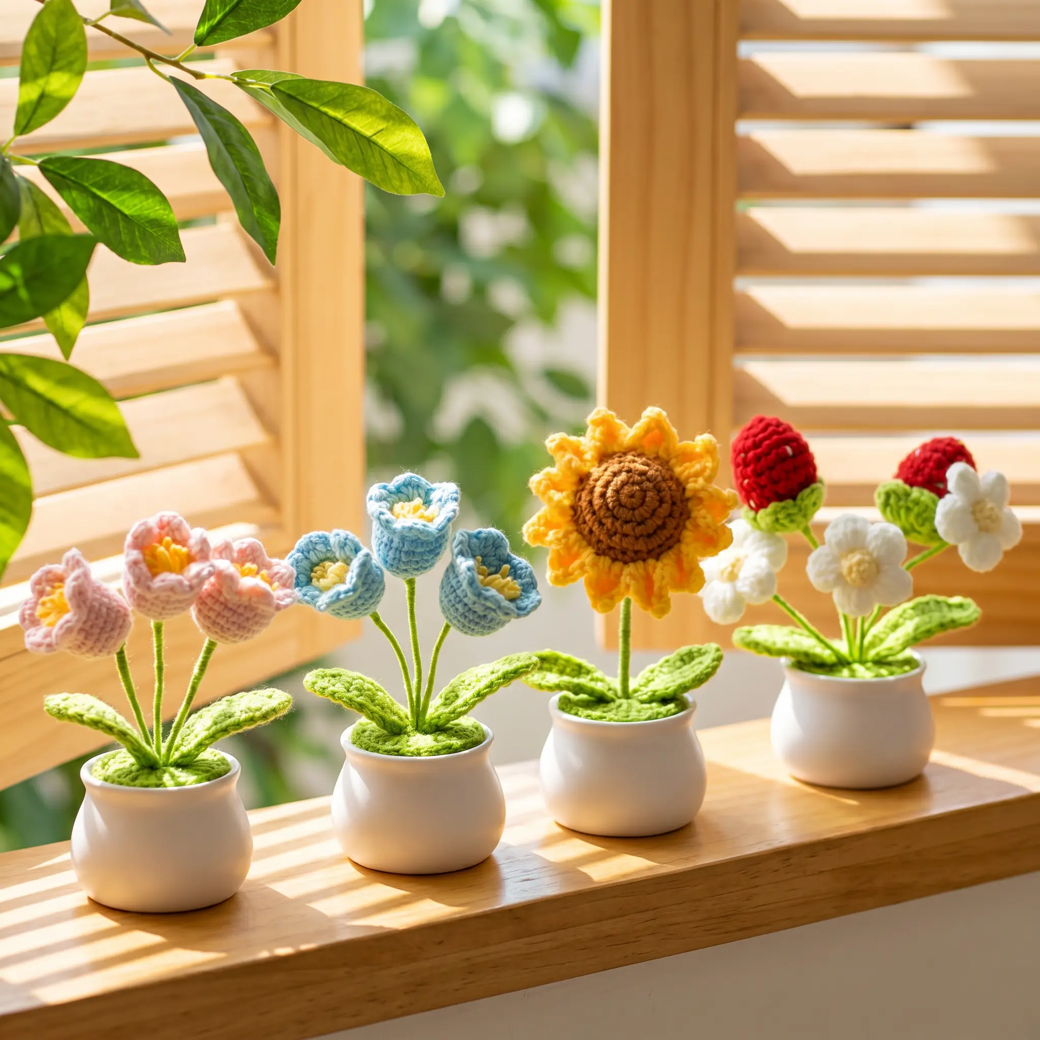 Handmade Crochet Bouquet Potted Flowers, 1/2 pc Knitted Artificial Flower Pot Plant, Mini Crochet Flower Decor with White Pot, Cute Desk Ornament for Bedroom, Office, Shelf, Window Sill, Small Gift Decor