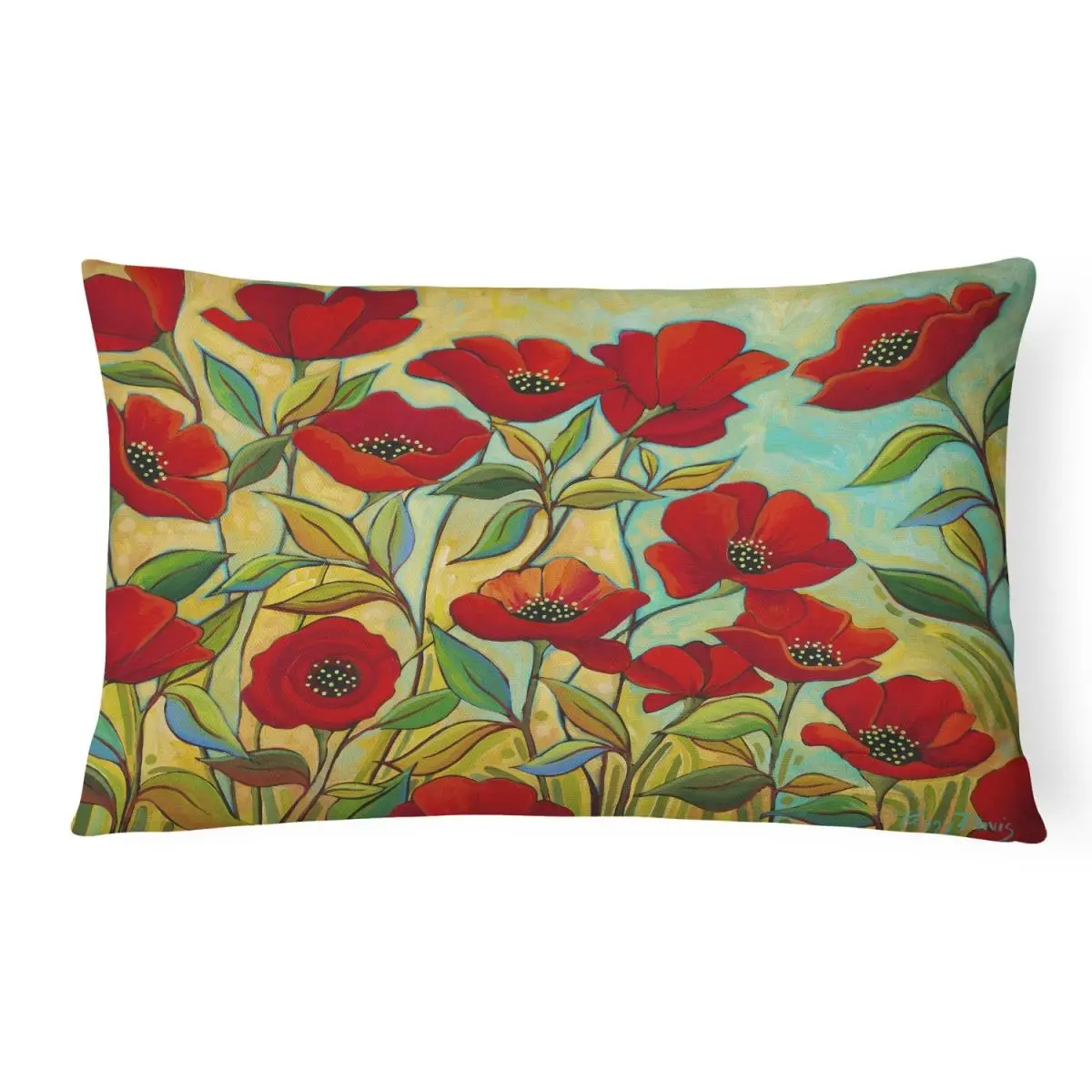 Single Decorative Poppy Garden Flowers Canvas Fabric Pillow - 12in L x 3in W x 16in H, Heavyweight, Fade Resistant, Machine Washable, Indoor/Outdoor Living Room Pillow