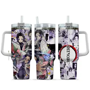 [WDC] Shinobu Kocho 40oz Tumbler With Handle Stainless Steel Tumbler, Butterfly Hashira Anime Gaming Cup, Cute Purple Aesthetic Iced Coffee Travel Mug, Gift for Otaku, Anime & Gaming Fans