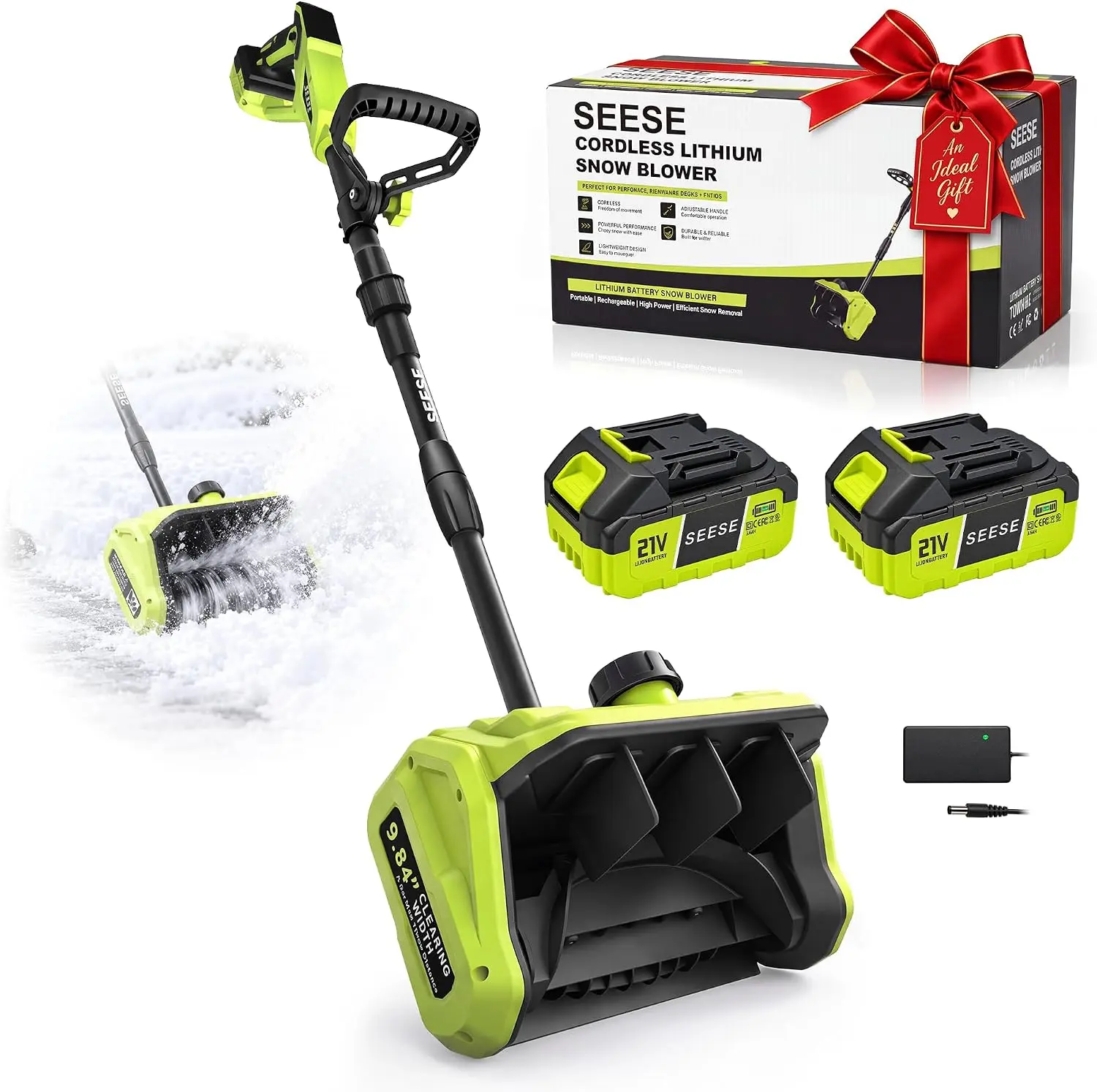 SEESE Cordless Snow Shovel, 21V Battery Snow Blower with 2 × 3.6Ah Batteries, Electric Snow Thrower with Directional Plate & Adjustable Front Handle, Portable Cordless Snow Removal Tool for Driveways, Steps, Sidewalks and Walkways