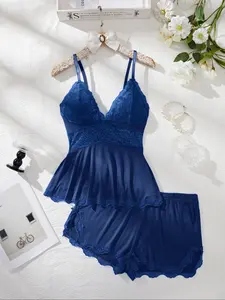 Women's Lace Bow Tie Back Elegant Chic Nightwear Set, Fitted Adjustable Thin Strap V-Neck Top & Lace Trim Shorts, All Season Comfortable Homewear Style