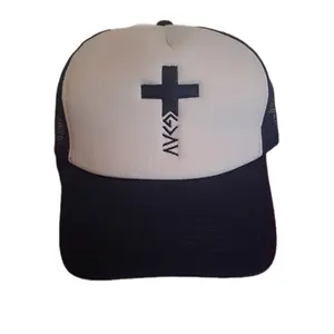 God is greater than our highs and lows cross design embroidered on blue snap back trucker hat
