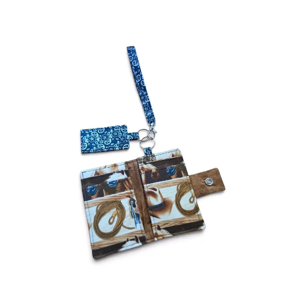 Horses & Blue Paisley- Wallet & Wrist Strap with Chapstick Holder - Bi-Fold - Card Wallet