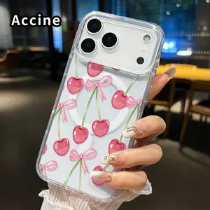 Magnetic Soft Case for iPhone 17 16  Pro Max Plus 15 14 13 12 11 Air E Cherry Bows Pattern Anti-Yellowing Shockproof ultra-thin Silicone Crystal Transparent Acrylic Large Hole Cover Supports Wireless Charging