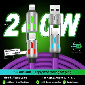 [Buy 1 Get 1 Free] 240W 4-in-1 Cable USB-C | PD 5A Fast Charging Data Sync Multi Charger with USB-A, Type-C & Lightning | Universal Aluminum Cable Compatible with iPhone 14/15/16/17, iPad Pro, Samsung Galaxy, MacBook & Laptops