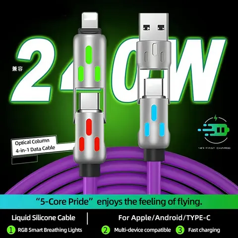 [Buy 1 Get 1 Free] 240W 4-in-1 Cable USB-C | PD 5A Fast Charging Data Sync Multi Charger with USB-A, Type-C & Lightning | Universal Aluminum Cable Compatible with iPhone 14/15/16/17, iPad Pro, Samsung Galaxy, MacBook & Laptops