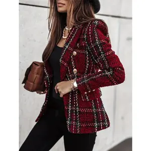 Elegant Plaid Women’s Blazer – Double-breasted front button office jacket, polyester–spandex blend, machine washable, glossy finish, fall/winter outerwear, H-silhouette regular fit long sleeves