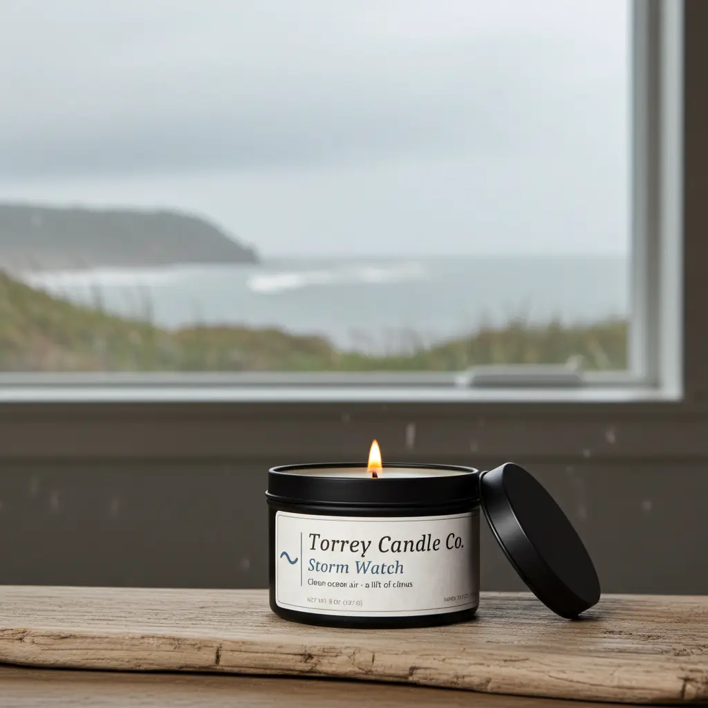 Hand-Poured Soy Candle — Storm Watch | Ocean Air + Citrus Scent, Hemp Wick, Clean-Burning Non-Toxic 8 oz | Torrey Candle Co.