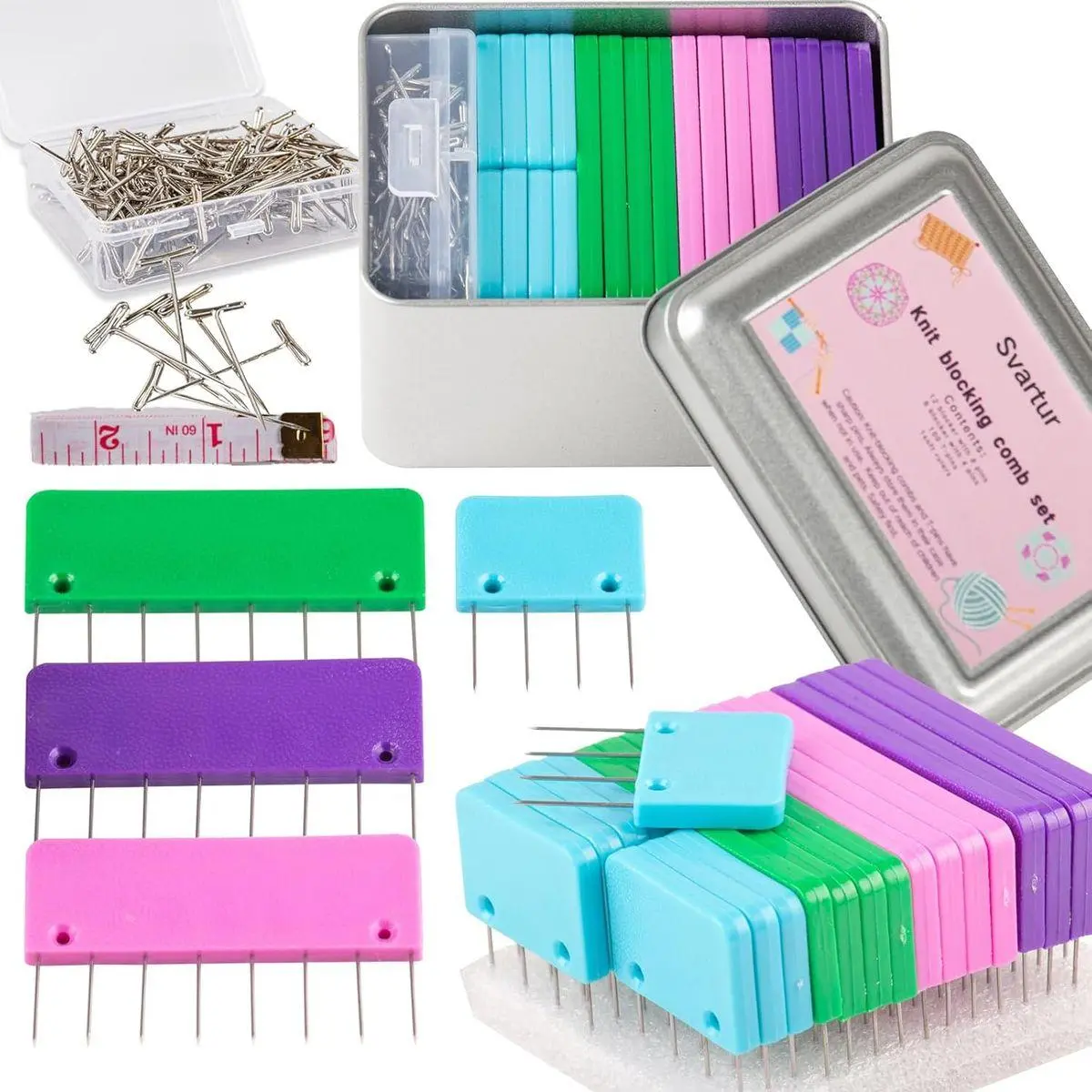 Crochet Blocking Pin Kit, with 20 Knit Blocking Combs &100 T-Pins and Tin Case, Rainbow Knitting Block Pins for Blocking Mats, Multicolor, White
