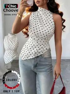 Women's Polka Dot Fitted Asymmetrical Hem Tank Top, Lightweight Women Sleeveless Tops, Elegant Tops For Women Casual Tops For Women Trending Tops Polka Dot Top