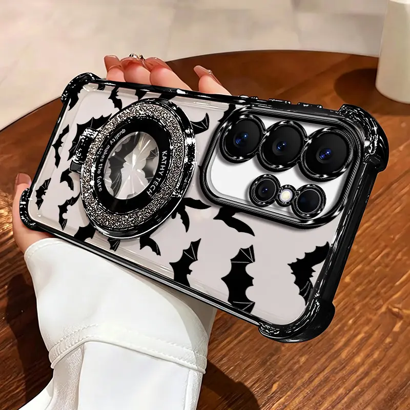 Spooky Halloween Bat Stand Case Cover, for Samsung Galaxy S26,S25,S24,S23,S22,S21,Note20 & iPhone 18 Pro Max 17 Air,16 Plus,15,14,13,12,11 ,Transparent Soft Silicone Cover.4-Corner Drop Protection, Non-Yellowing Shockproof, Gift for Her,Durable Cove.985
