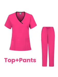 Stretchy Scrub Set Quick Dry Casual Hospital Doctor Nurse Workwear Set Color Block Neck Short Sleeve And Long Pants