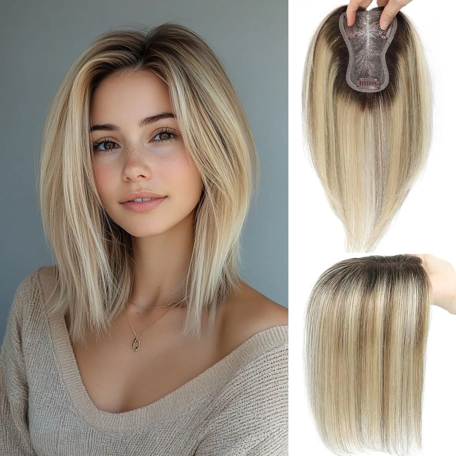 10 Inch Straight Clip-in Human Hair Toppers with Swiss Lace Base for Women