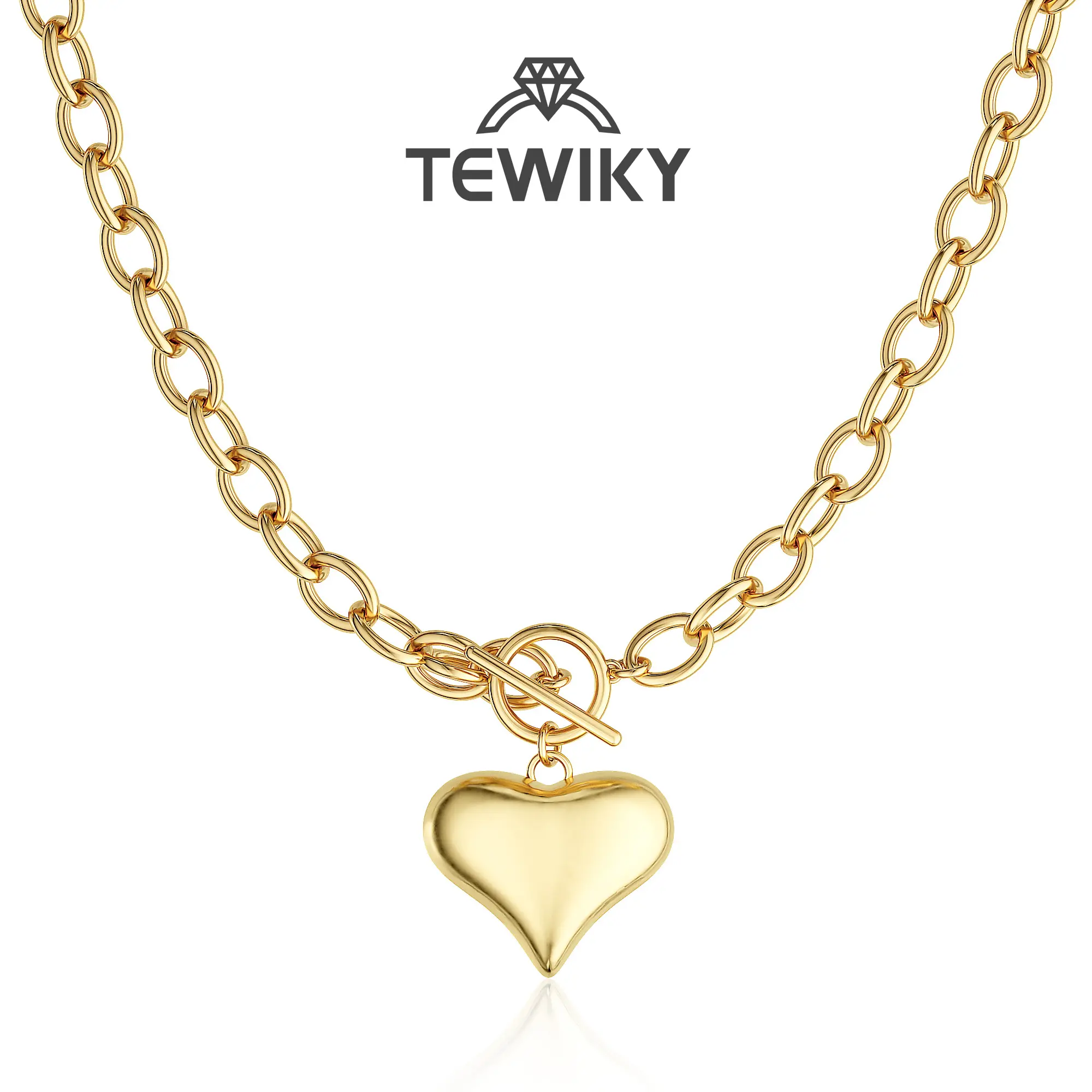 Tewiky Gold Large O-Link Chain Puffy Heart Pendant Necklace for Women, Shiny Smooth Statement Necklace For Valentineday summerwins