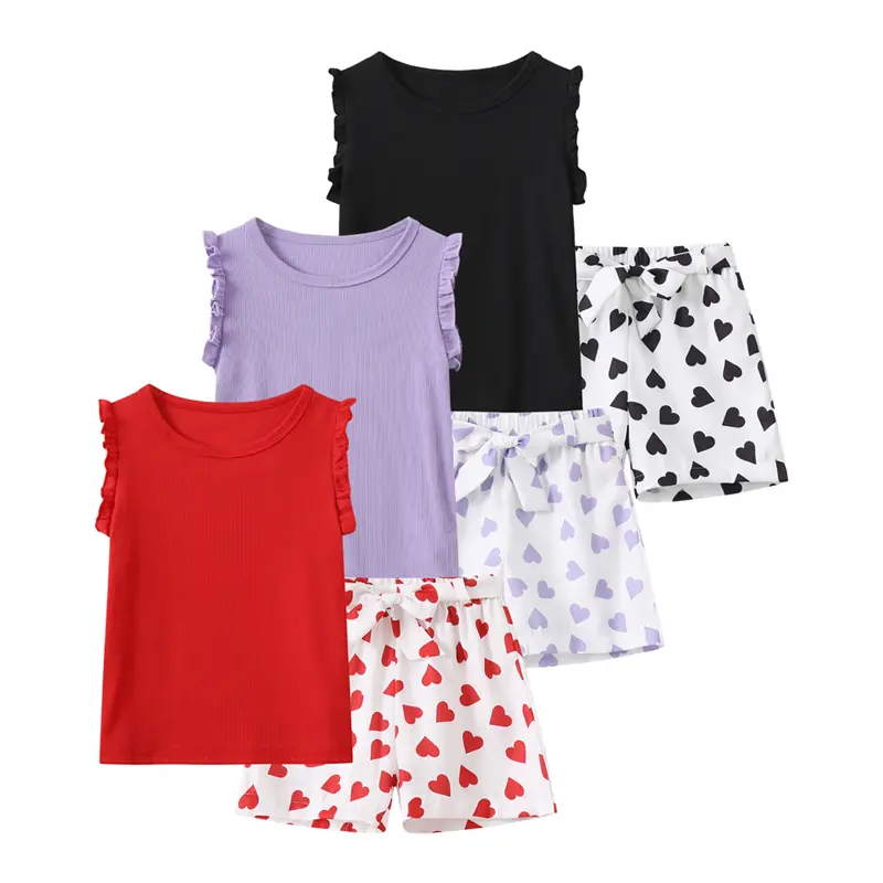 Girls' 6-Piece Sweet Casual Polyester Blend Outfit Set, Kids Clothing Girls - Ruffle Sleeveless Top & Bow-Tie Heart Print Shorts for 3-14y (4-5y,5-6y) #SummerVibes, Girls Set, None