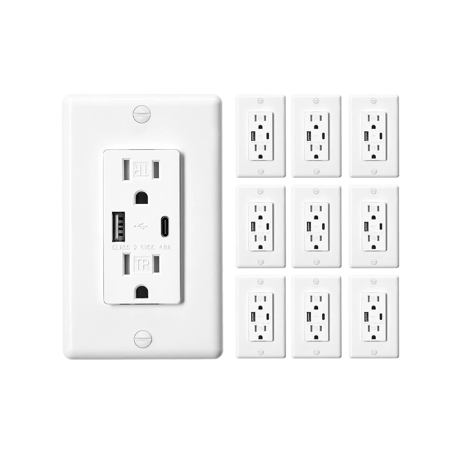 VEVOR USB Wall Outlet, 24 W 15A Tamper Resistant Electrical Outlet with 1 Type C & 1 Type A Ports, 2 Three-prong AC Outlets, Screwless Wall Plate Included, Charging for Multiple Devices, WhiteSummervibes