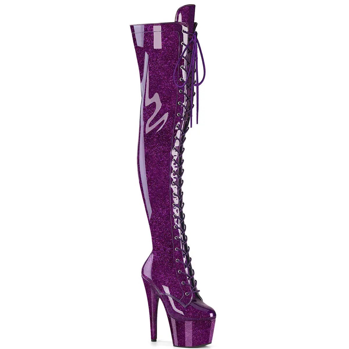 Pleaser Adore-3020GP Men's Lace-Up Glitter Platform Thigh-High Footwear - 7 In Pleaser Heels, Full Side Zipper, Lace Accents, Boot, Shoe, 7" (178Mm) Heel, Glitter Patent, 7" Heel